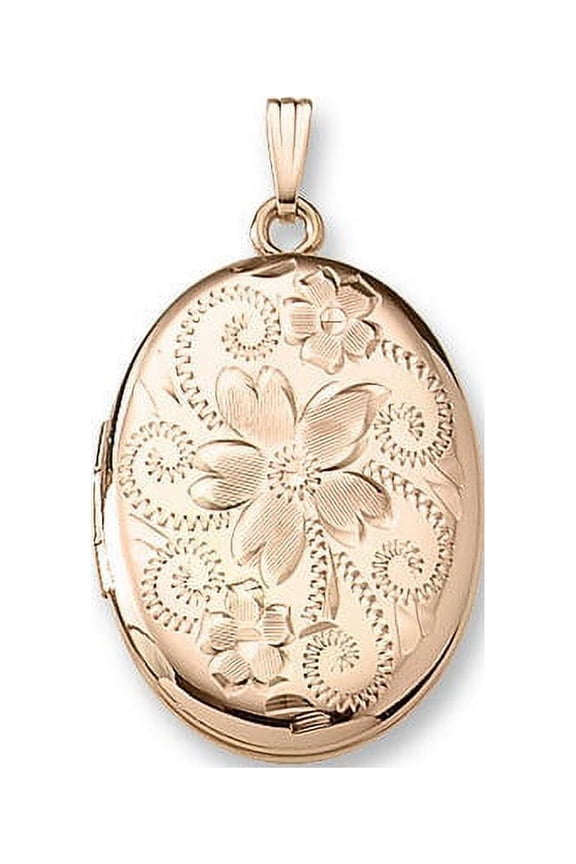 PicturesOnGold Solid 14K Yellow Gold Oval Flowered Locket 3/4 Inch X 1 Inch in Solid 14K Yellow Gold