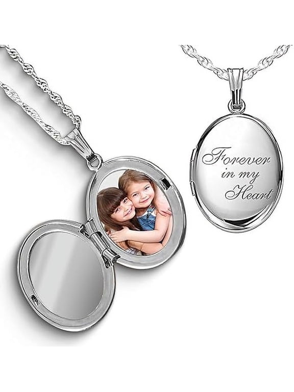 Sterling Silver Oval Forever in My Heart Locket Necklace for Women with 18 Inch Chain - Cute Necklaces Custom Picture Necklace for Women