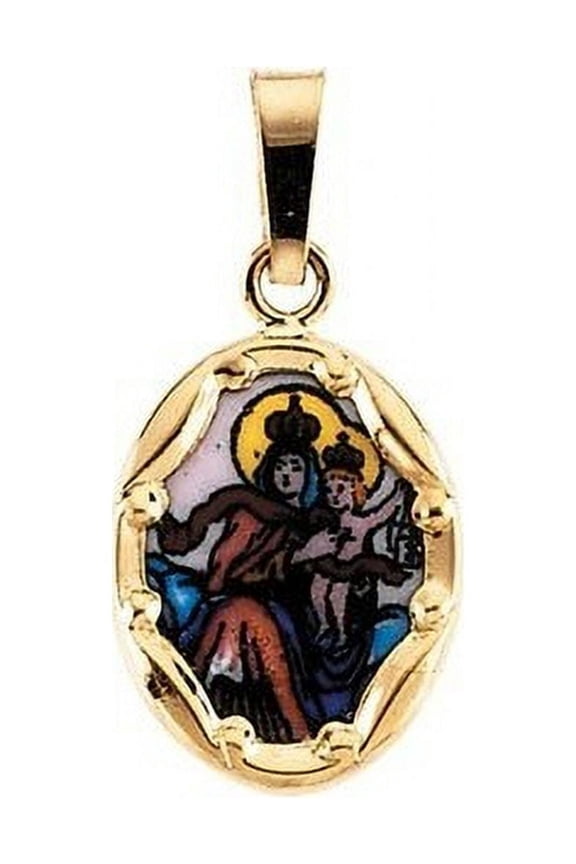 14K Gold and Porcelain Scapular Religious Medal - Solid 14k Yellow Gold 2/3 X 1/2 inch (17.0mm X 13.5mm)
