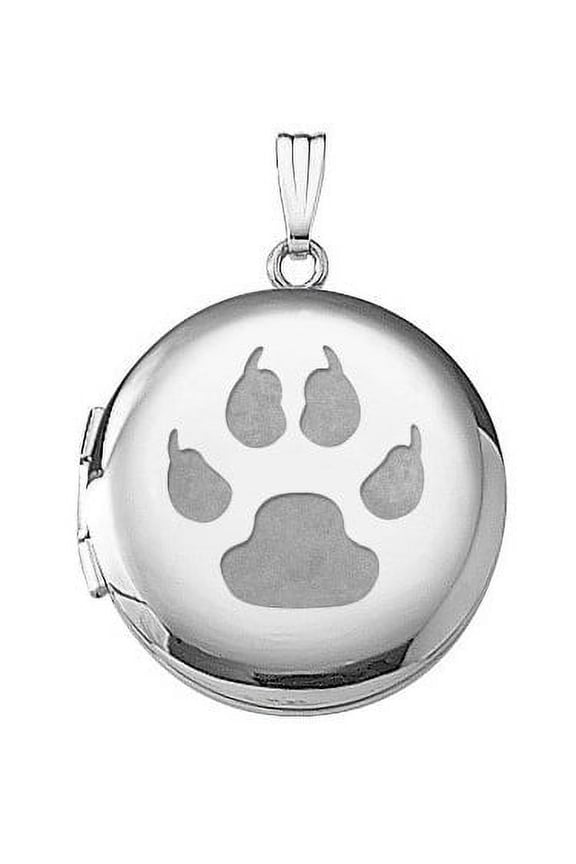 14k White Gold Cats Paw Print Round Locket 3/4 in X 3/4 in