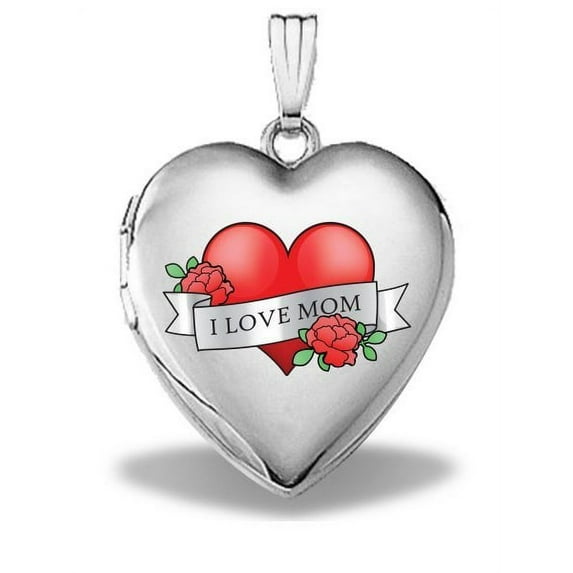 PicturesOnGold.com 14k White Gold Mothers Day Mom Tattoo Heart Locket - 3/4 Inch X 3/4 Inch in Solid 14K White Gold