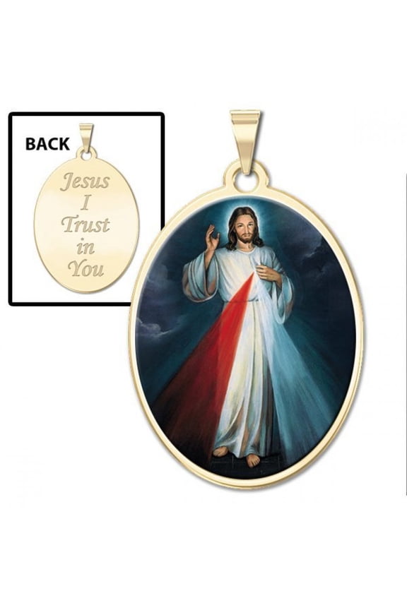 Divine Mercy Double Sided Oval Religious Medal Female Adult " Color " 1/2 x 2/3″ Size of Dime, Solid 14K Yellow Gold
