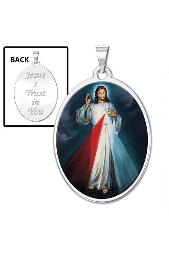 Divine Mercy Double Sided Oval Religious Medal Female Adult " Color " 1/2 x 2/3″ Size of Dime, Sterling Silver