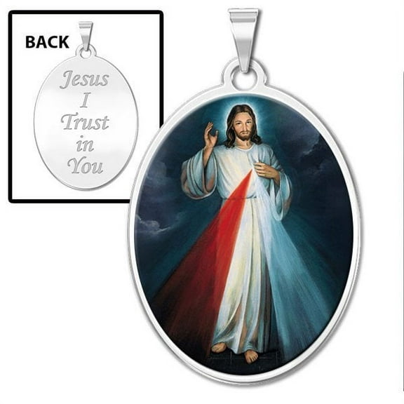 PicturesOnGold.com Divine Mercy Double Sided Oval Religious Medal Female Adult " Color " 1/2 x 2/3″ Size of Dime, Sterling Silver