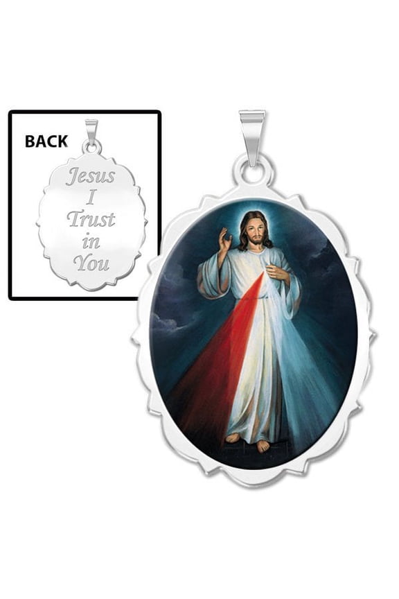 Divine Mercy Double Sided Scalloped Oval Religious Medal Color 3/4 Inch X 1 Inch -Solid 14K White Gold