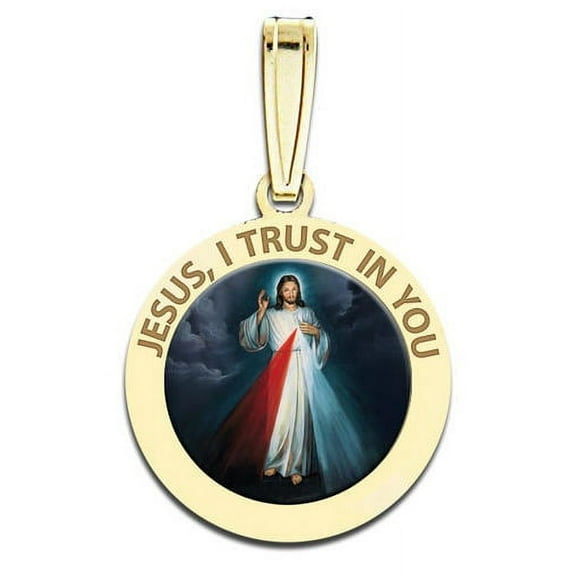 PicturesOnGold.com Divine Mercy Religious Medal Color - 3/4 Inch Size of a Nickel -Solid 14K Yellow Gold