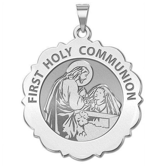 PicturesOnGold.com First Holy Communion Religious Medal Female Adult Scalloped Round (Girl) 1 inch Solid 14K White Gold