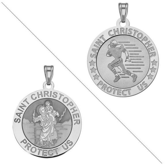 PicturesOnGold.com Football- Saint Christopher Doubledside Sports Religious Medal Female Adult 3/4″ Solid 14K White Gold