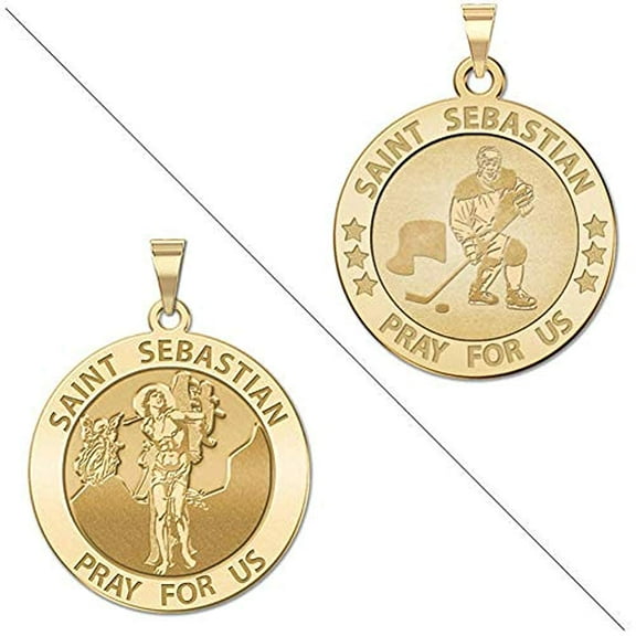 PicturesOnGold.com Hockey - Saint Sebastian Doubledside Sports Religious Medal 2/3 inch Size of Dime, Solid 14K Yellow Gold