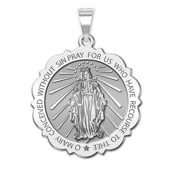 PicturesOnGold.com Miraculous Medal Necklace Pendants Female Adult Scalloped Round-3/4″ Sterling Silver