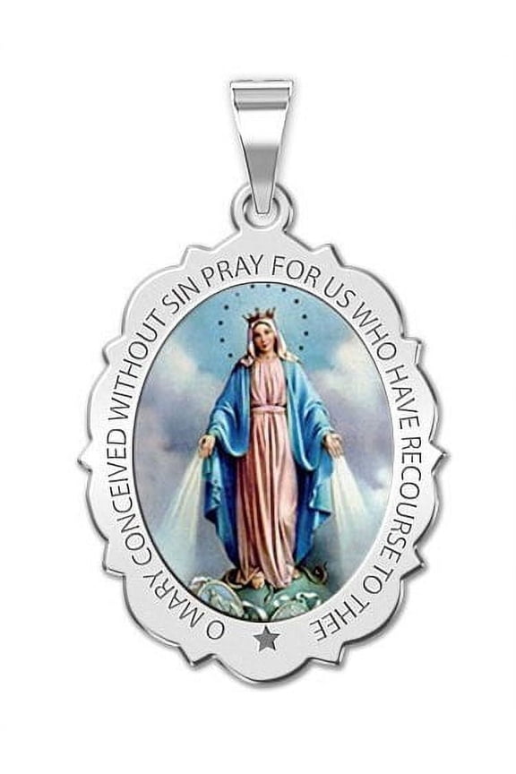 Miraculous Medal Scalloped Oval Necklace Pendants Adult -1/2x2/3in-14K White Gold
