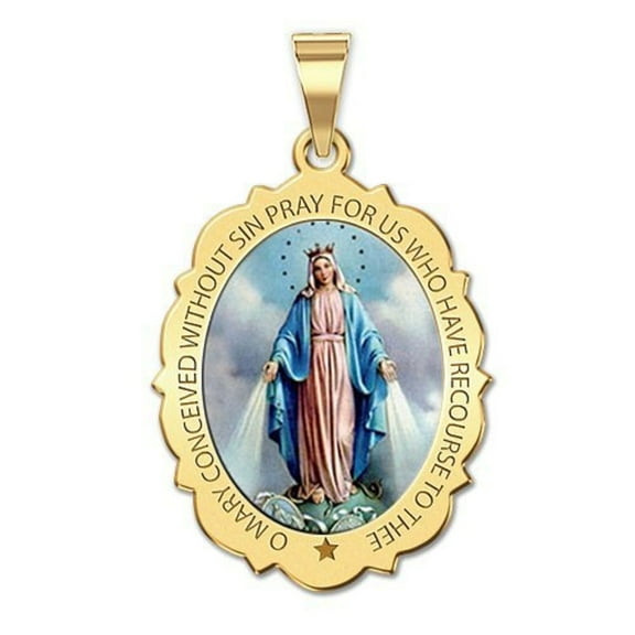 PicturesOnGold.com Miraculous Medal Scalloped Oval Necklace Pendants Adult-1/2x2/3in-14K Yellow Gold