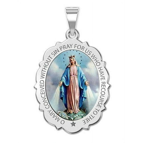 PicturesOnGold.com Miraculous Medal Scalloped Oval Necklace Pendants Adult - 2/3 x 3/4 inch Size of a Nickel - 14K White Gold