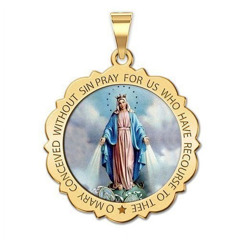 Miraculous Medal Scalloped Round Pendant - Available In 10K/14K Yellow/White Gold Or Sterling Silver, 17mm-24mm Sizes - View #2