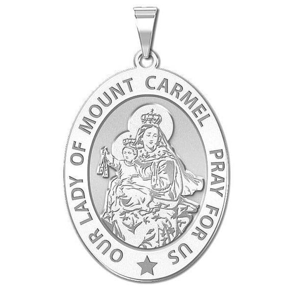 PicturesOnGold.com Our Lady of Mount Carmel Religious Medal Oval - 1/2 X 2/3 inch Size of Dime, Solid 14K White Gold