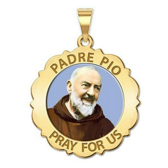 PicturesOnGold.com Padre Pio Scalloped Round Religious Medal Color - 1 inch Size of a Quarter,Solid 14K Yellow Gold
