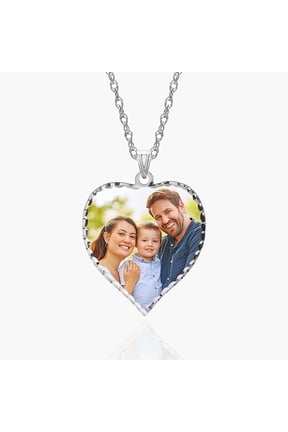 Personalized Engraved Picture Necklace Heart Shaped Custom Pendant/Photo Customized Necklace with Picture Inside Diamond Cut Edge - 1 Inch x 1 Inch (14k White Gold, Photo Only)