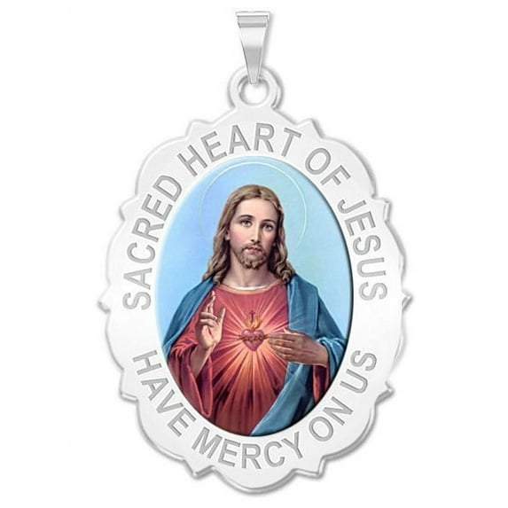 PicturesOnGold.com Sacred Heart of Jesus Scalloped Religious Medal Color - 2/3 X 3/4 inch Size of Nickel, Sterling Silver