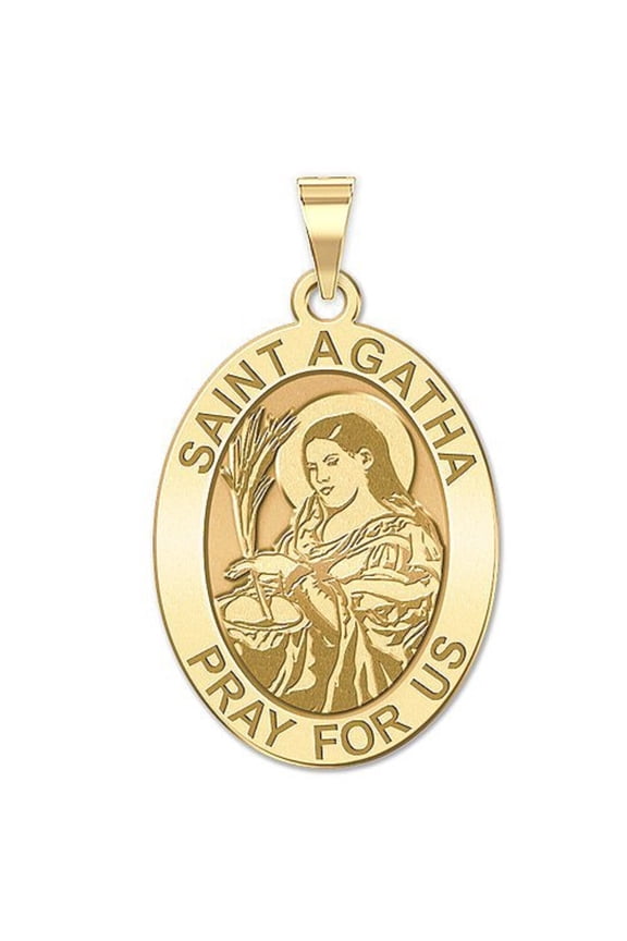 Saint Agatha Religious Oval Medal Female Adult - 1/2 inch x 2/3 inch - Solid 14K Yellow Gold