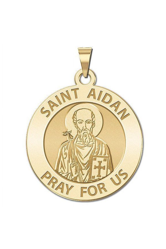 Saint Aidan Religious Medal - 2/3 Inch Size of Dime, Solid 14K Yellow Gold