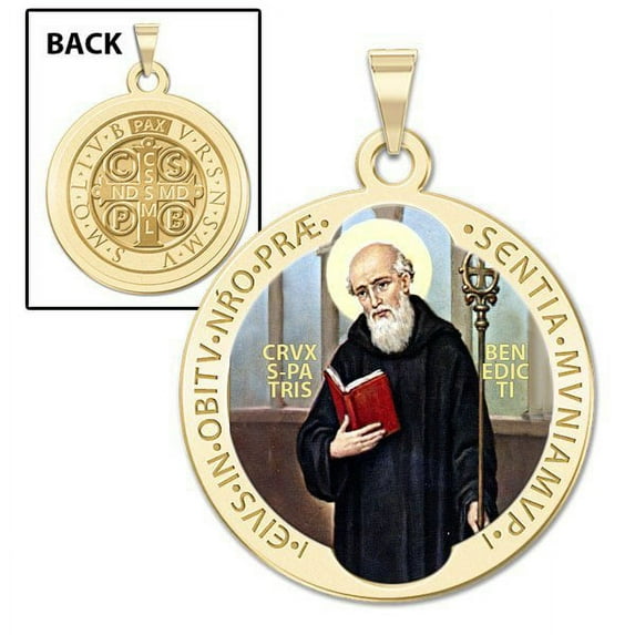 PicturesOnGold.com Saint Benedict Religious Medal Color Female Adult - 3/4″ Size of a Nickel, Solid 14K Yellow Gold