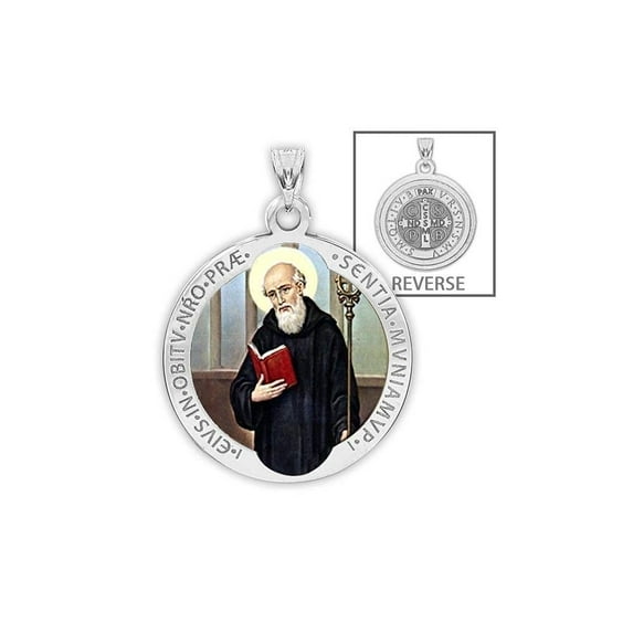 PicturesOnGold.com Saint Benedict Round Religious Medal Color - 2/3 in Size of Dime, Sterling Silver