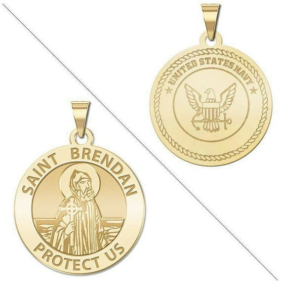 PicturesOnGold.com Saint Brendan Doubledside Navy Religious Medal - 2/3 Inch Size of a Dime - Solid 14K Yellow Gold