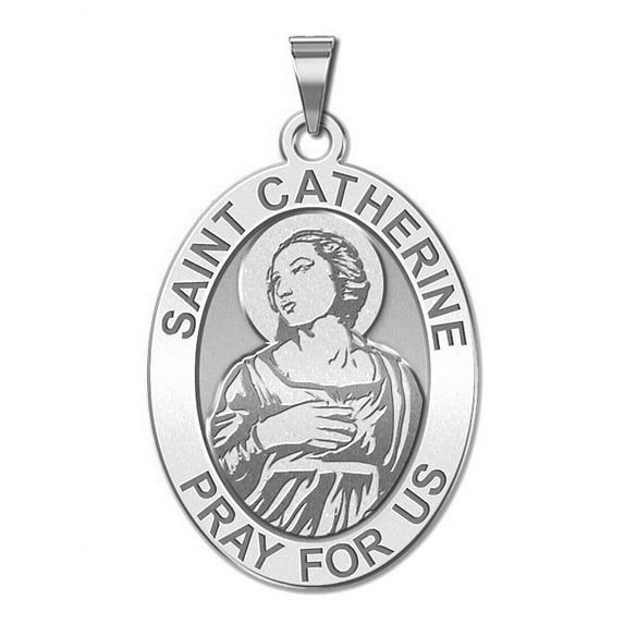 PicturesOnGold.com Saint Catherine of Alexandria Oval Religious Medal - 3/4 in x 1 in -Solid 14K White Gold