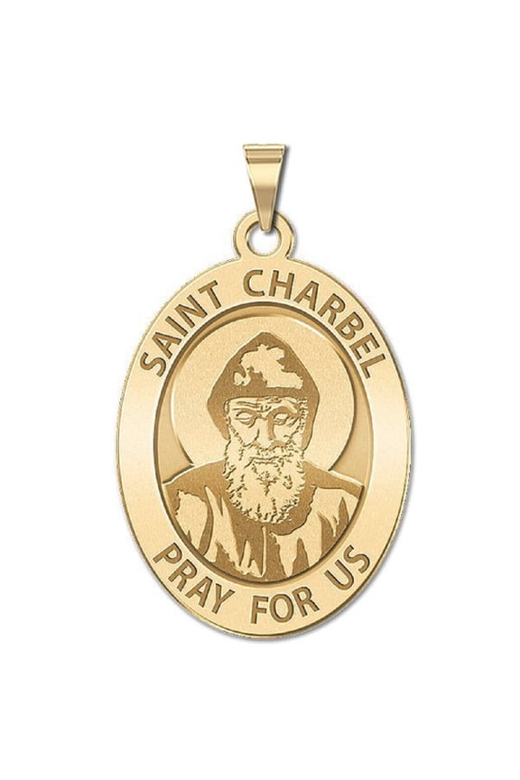 Saint Charbel Oval Religious Medal Female Adult- 1/2 x 2/3 Size of Dime, Solid 14K Yellow Gold