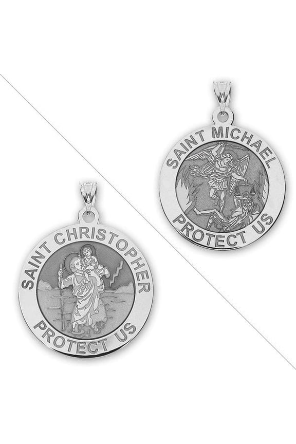 Saint Christopher and Saint Michael Double Sided Medal Unisex Female Adult - 1 inch Size of a Quarter - Sterling Silver
