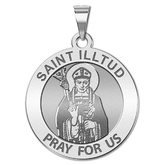 PicturesOnGold.com Saint Illtud Religious Medal Necklace Pendants Female - 2/3 Inch Size of Dime, Solid 14K White Gold