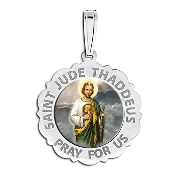 PicturesOnGold.com Saint Jude Scalloped Religious Medal Color - 1 Inch Size of a Quarter -Solid 14K White Gold