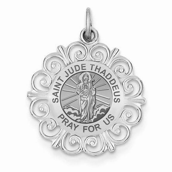 PicturesOnGold.com Saint Jude Thaddeus Round Filigree Religious Medal - 3/4 in Size of a Nickel in Solid 14K White Gold
