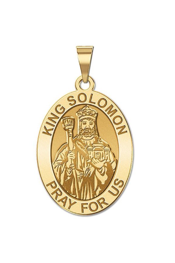 Saint King Solomon Oval Religious Medal - 3/4 inch Size of a Nickel in Solid 14K Yellow Gold