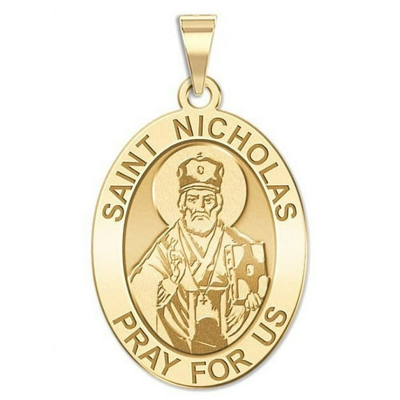 PicturesOnGold.com Saint Nicholas Oval Religious Medal - 2/3 X 3/4 Inch Size of Nickel, Solid 14K Yellow Gold