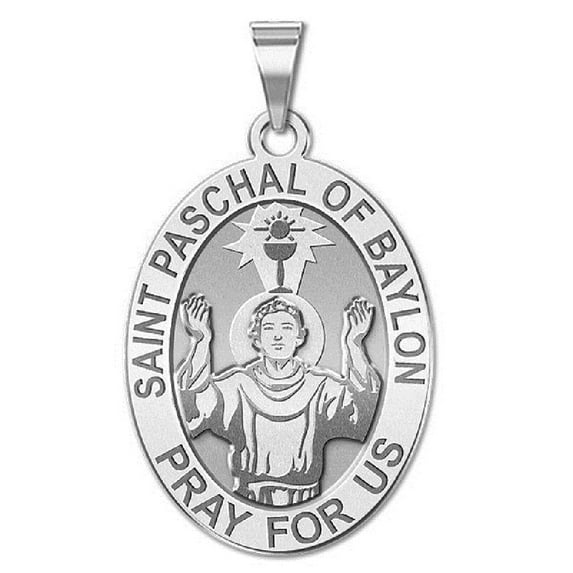 PicturesOnGold.com Saint Paschal Baylon Medal Oval Necklace Pendants Adult-3/4 x 1 in 14K White Gold