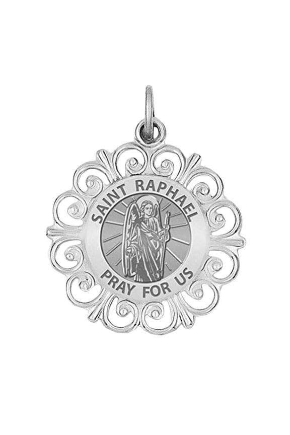 Saint Raphael Round Filigree Religious Medal Female Adult Pendants - 3/4 inch Size of a Nickel in Sterling Silver