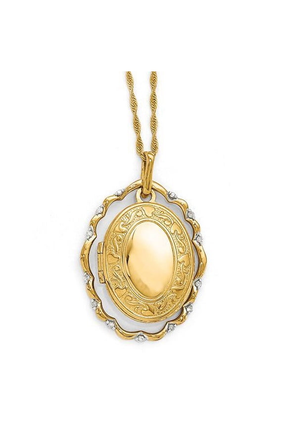 Solid 14K Yellow Gold Diamond Oval Locket W/Floral Frame 5/8 Inch X 3/4 Inch in Solid 14K Yellow Gold