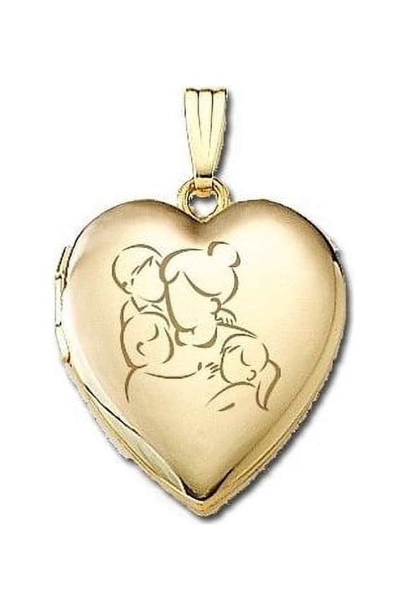 Solid 14K Yellow Gold Mom with Son and Two Daughters Locket