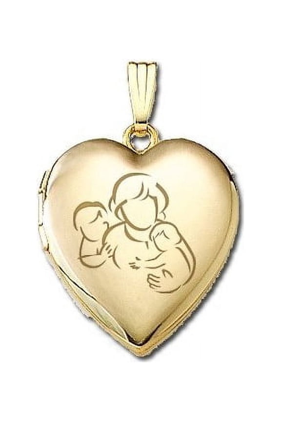 Solid 14K Yellow Gold Mom with Two Sons Locket 3/4 Inch X 3/4 Inch in Solid 14K Yellow Gold