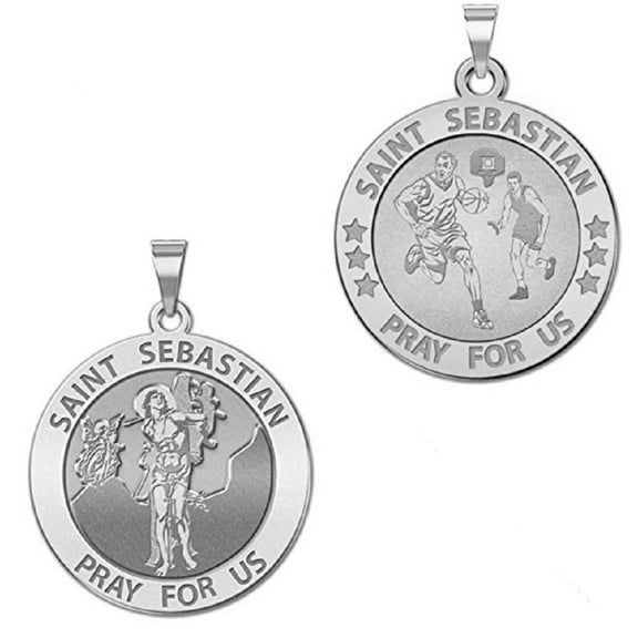 Picturesongold.Com Basketball - Saint Sebastian Doubledside Sports Religious Medal Pandant 3/4 inch in Sterling Silver