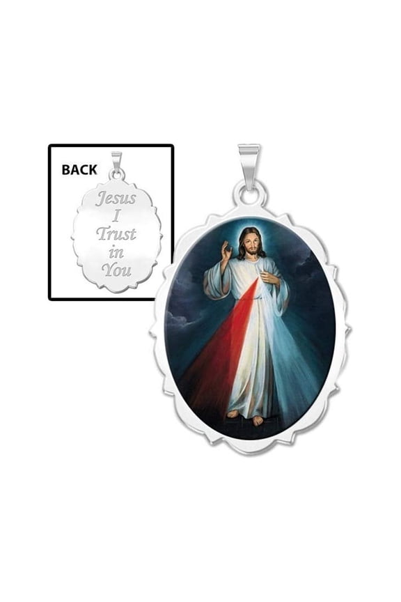 Divine Mercy Double Sided Scalloped Oval Religious Medal Color - 1/2 x 2/3 inch Size of Dime, Sterling Silver