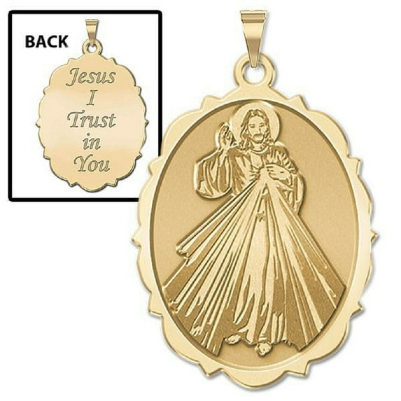Picturesongold.Com Divine Mercy Doubled Sided Scallopped Medal Female Adult 1/2 x2/3 14K Yellow Gold