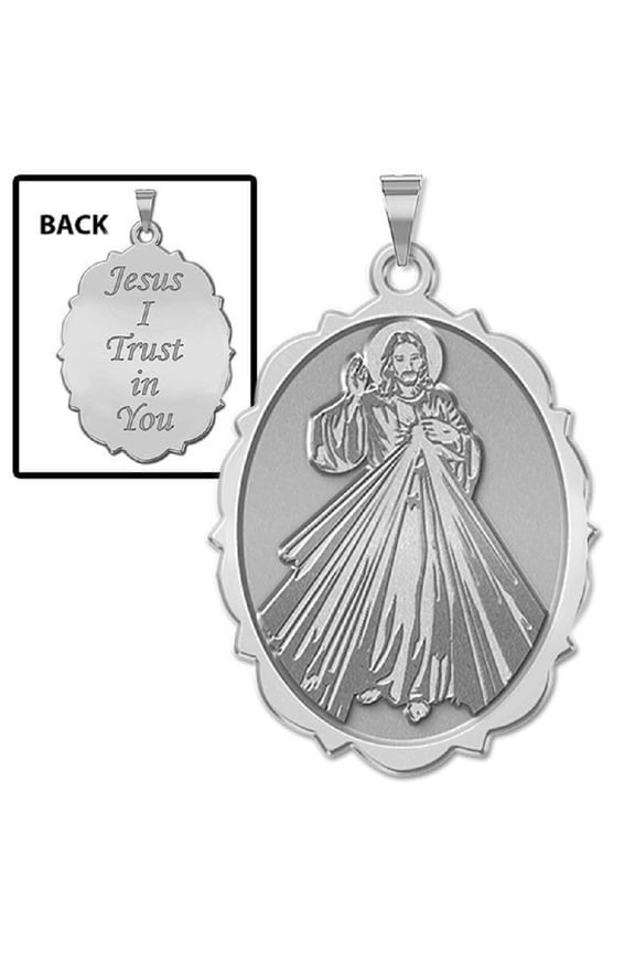 Divine Mercy Doubled Sided Scallopped Medal Female Adult 2/3 x3/4 Sterling Silver