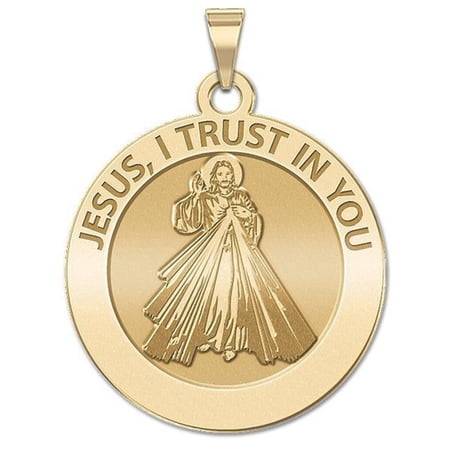 Picturesongold.Com Divine Mercy Religious Medal Necklace Pendants - 2/3 inch Size of Dime, Solid 14K Yellow Gold