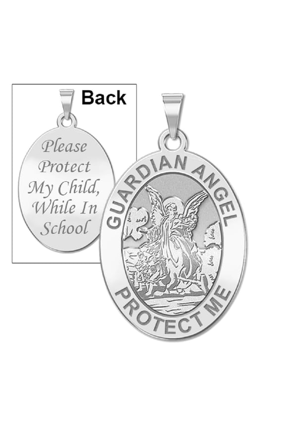 Guardian Angel "School Protect" Double Sided Medal Adult-3/4x1 in Sterling Silver