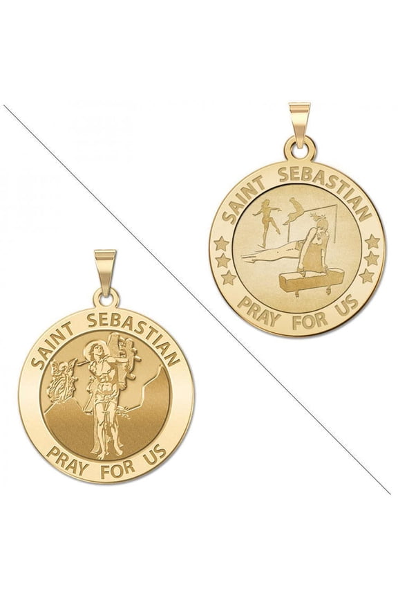 Gymnastics - Saint Sebastian Doubledside Sports Religious Medal 3/4 inch Solid 14K Yellow Gold