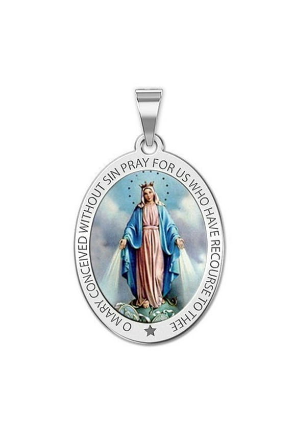 Miraculous Medal Oval Necklace Pendants Adult 1/2 in. x 2/3 in - Sterling Silver