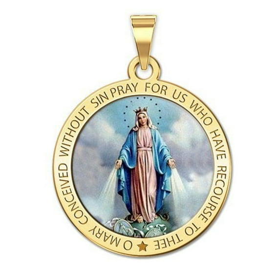 Picturesongold.Com Miraculous Medal Round Color Necklace Pendants Adult - 1 inch 14K Yellow Gold