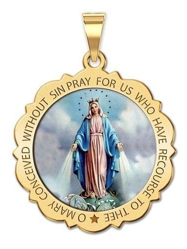 Miraculous Medal Scalloped Round Pendant - Available In 10K/14K Yellow/White Gold Or Sterling Silver, 17mm-24mm Sizes - View #5